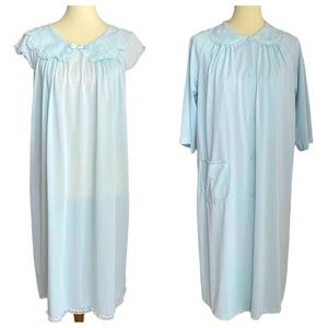 Vintage Shadowline Robe and Nightgown Set Blue Size Medium